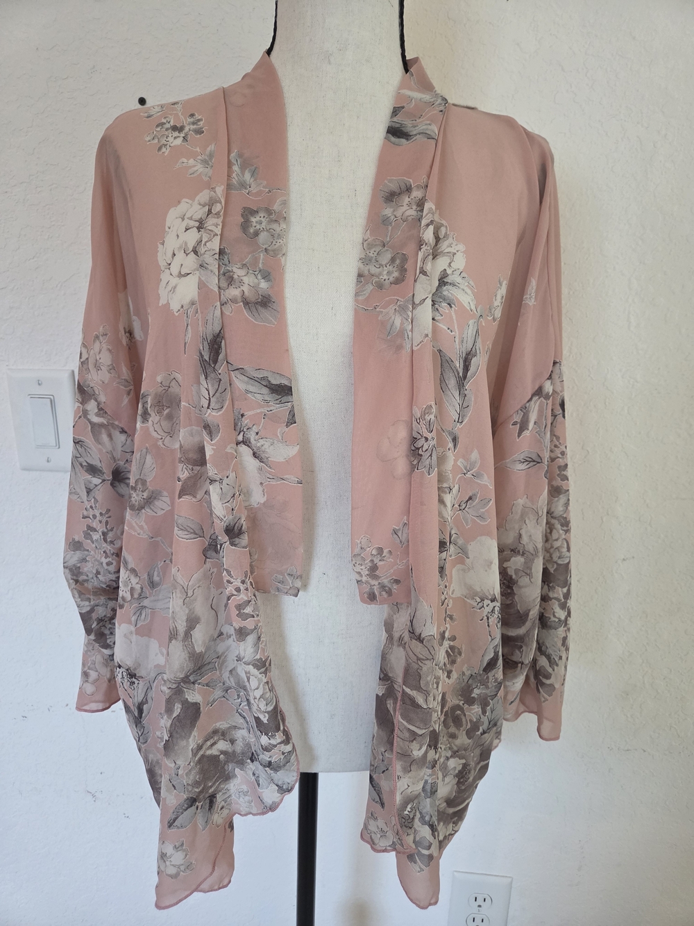 Boho Rose Floral Chiffon Kimono Cardigan L/XL Crochet Macrame Back Open Front